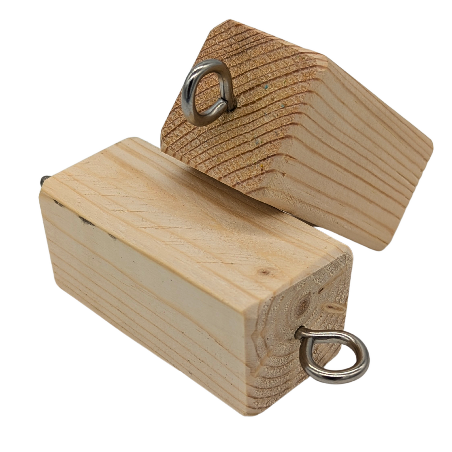 Toy Helper perch by Lil Monsters Bird Toys, with pine, eye hooks, and stainless steel hardware