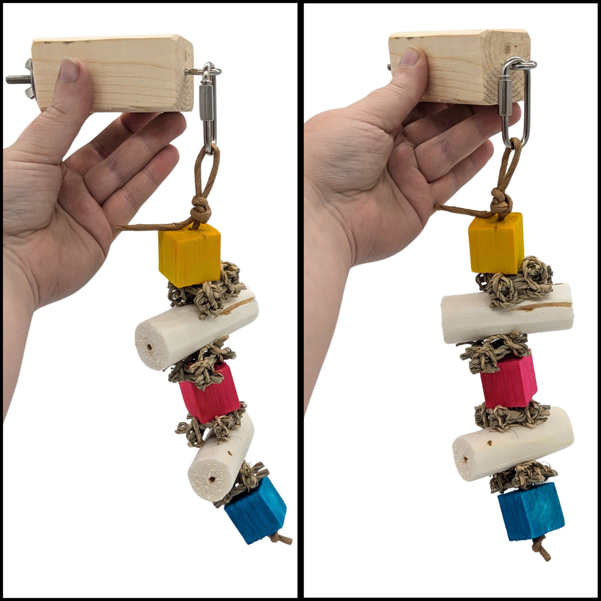 Toy Helper perch by Lil Monsters Bird Toys, shown in use while held in hand