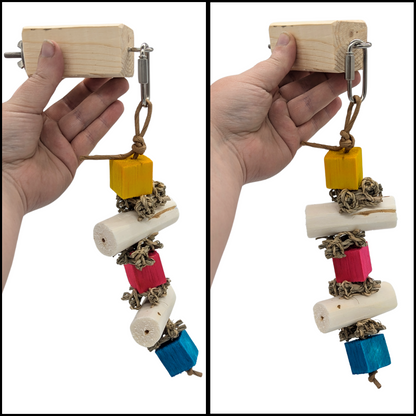 Toy Helper perch by Lil Monsters Bird Toys, shown in use while held in hand