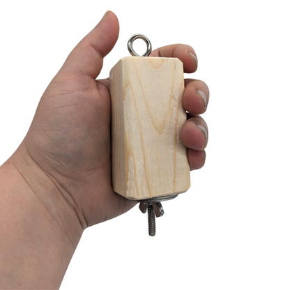 Toy Helper perch by Lil Monsters Bird Toys, held in hand for scale