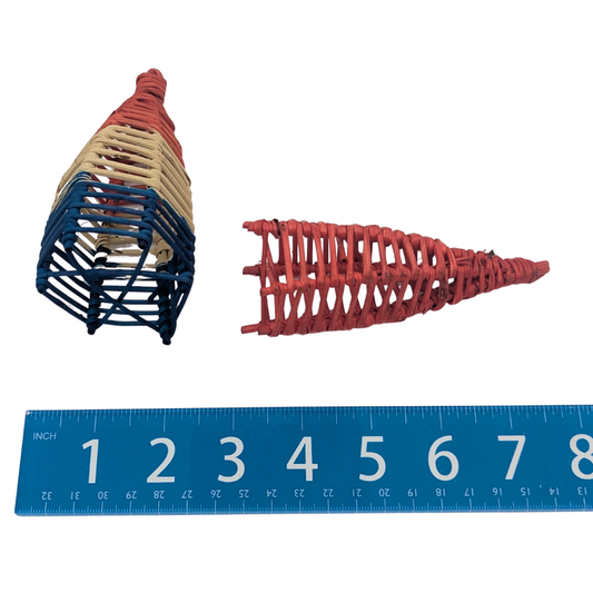 2 Dyed Vine Rockets by Lil Monsters Bird Toys, shown next to a ruler for scale