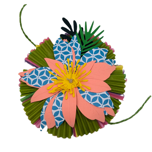 Wallflower parrot toy by Tiny Conure Trinkets, made with cardstock, paper, and palm flowers