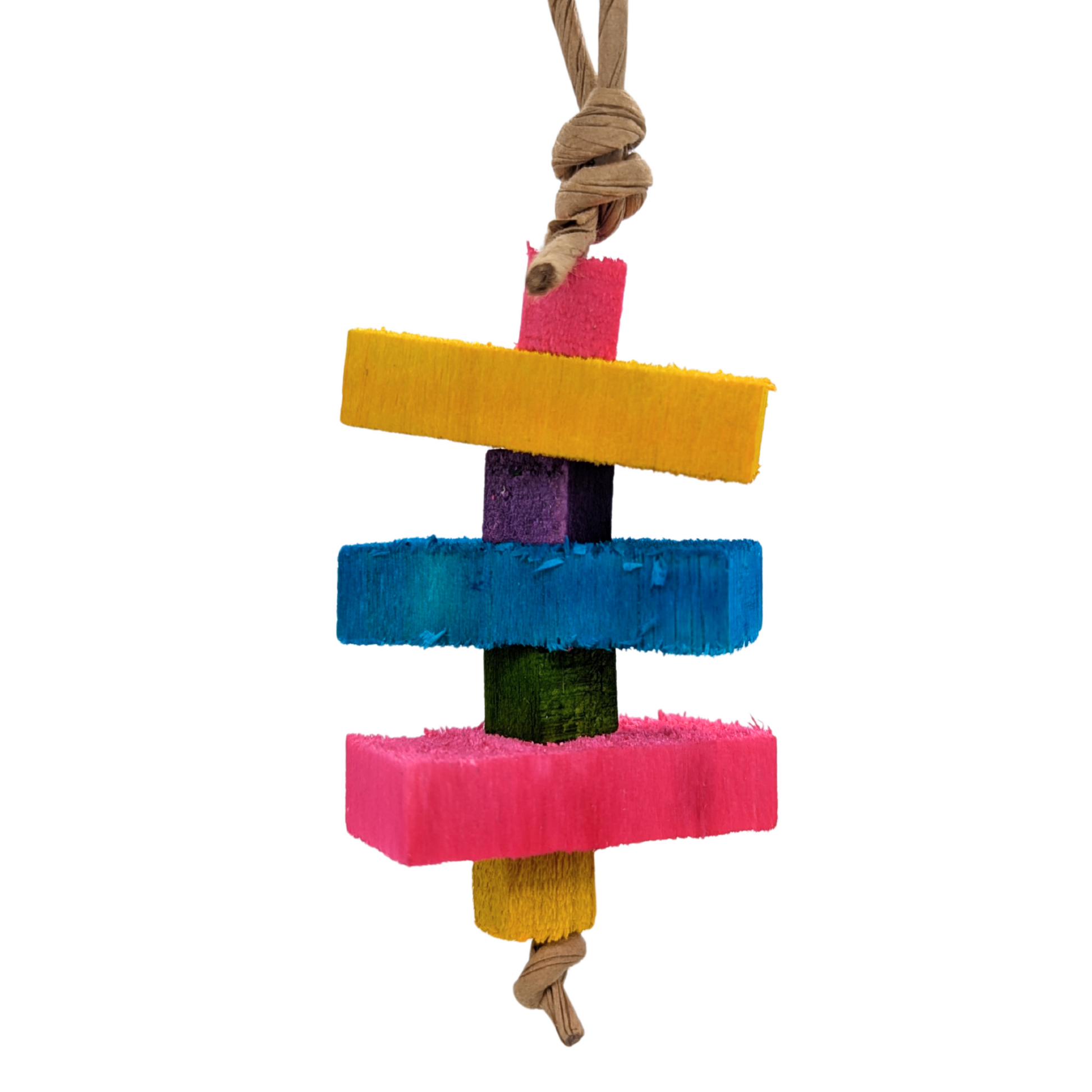 Colorful balsa bird toy with wooden blocks on a white background