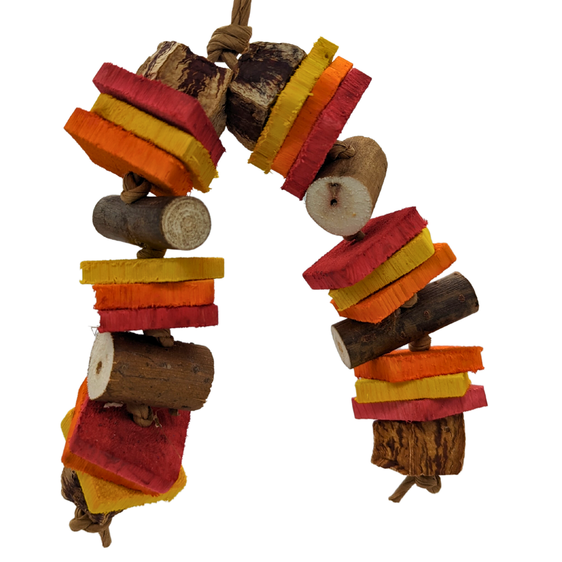 Ablaze, Summer Fire Themed Bird Toy with Red, Orange, and Yellow Pine with Sola and Mahogany, by Lil Monsters Bird Toys
