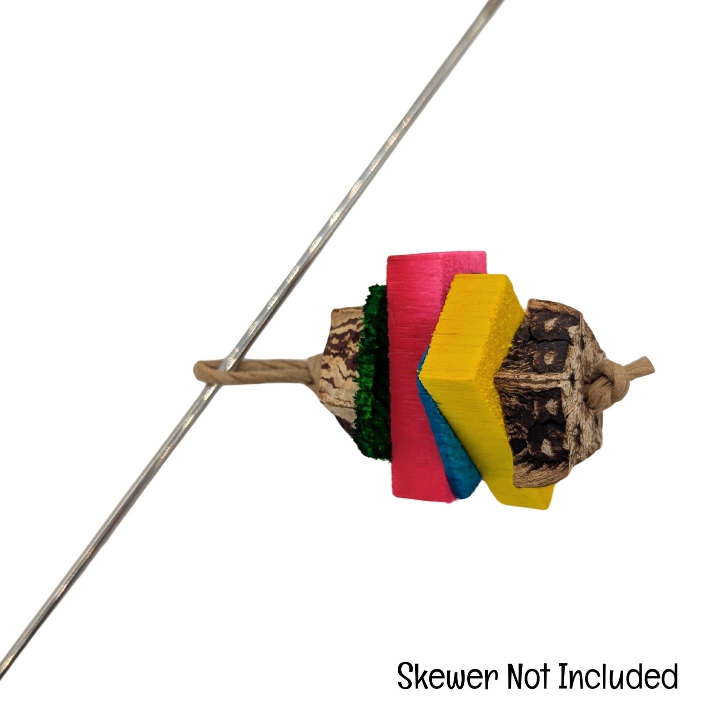 Baby by Lil Monsters Bird Toys. Shown on a skewer as a suggestion for sure. Text overlay says Skewer Not Included. 