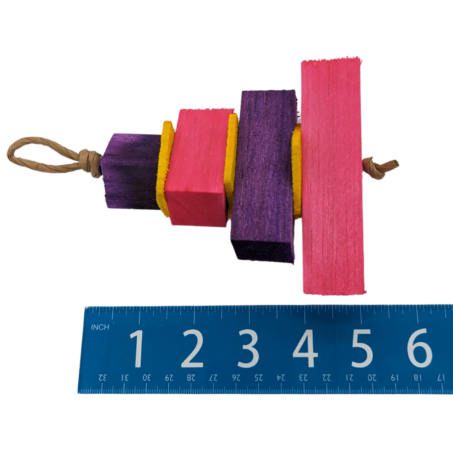 Balsa Birthday Cake by Lil Monsters Bird Toys. Shown next to ruler for scale. 