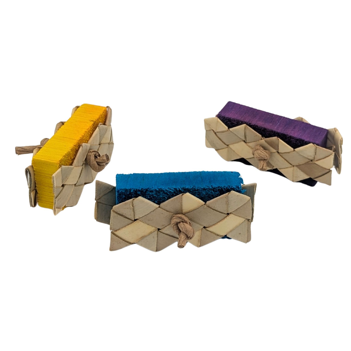 Balsa Sandwich by Lil Monsters Bird Toys. Three toys at different angles to give a more complete view of the item, as well as in different colors to show possible variations. 
