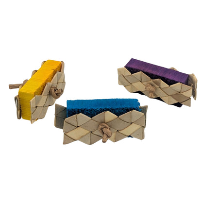 Balsa Sandwich by Lil Monsters Bird Toys. Three toys at different angles to give a more complete view of the item, as well as in different colors to show possible variations. 