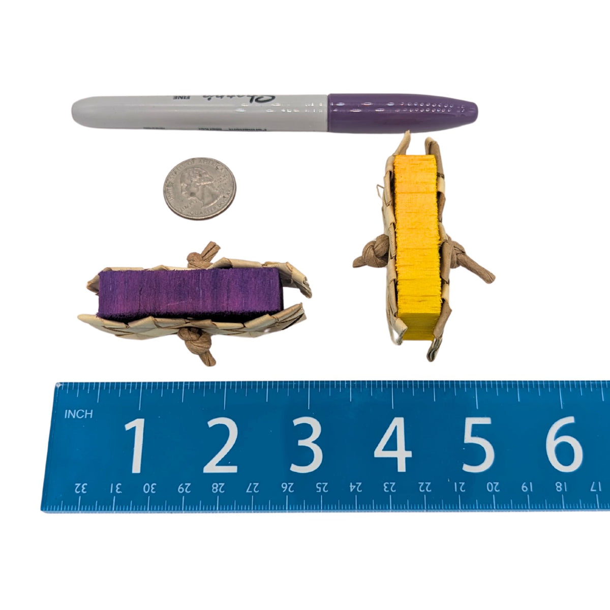 Balsa Sandwich by Lil Monsters Bird Toys. Shown next to a US quarter, Sharpie marker, and ruler for scale. 