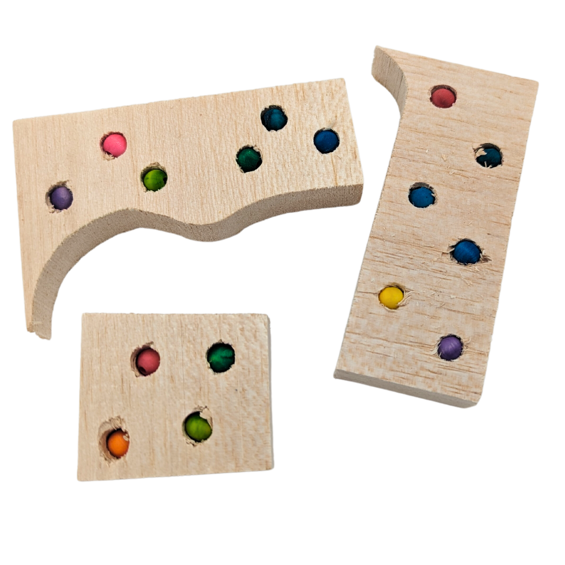 Balsa Waste Knots by Lil Monsters Bird Toys, made of balsa scraps with embedded beads