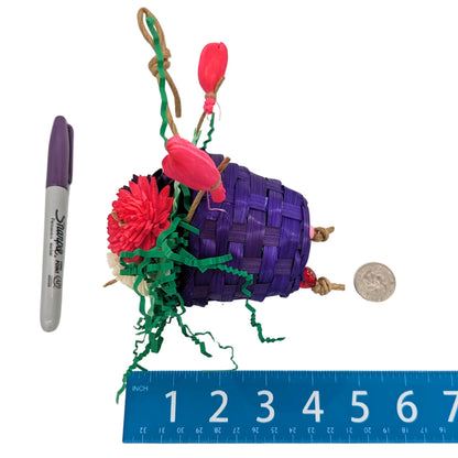 Basket Bunch by Lil Monsters Bird Toys.  Shown next to a US quarter, Sharpie marker, and ruler for scale. 