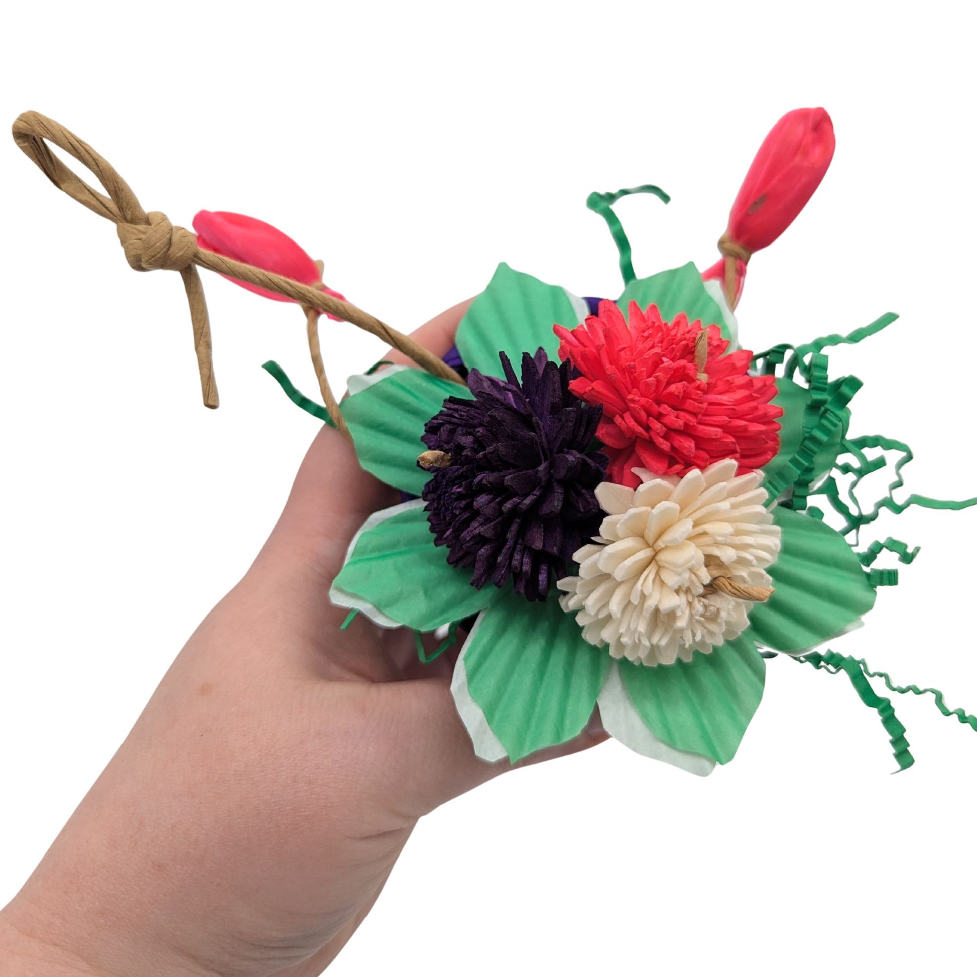 Basket Bunch by Lil Monsters Bird Toys.  Top down view for detail showing the 3 sola flowers.