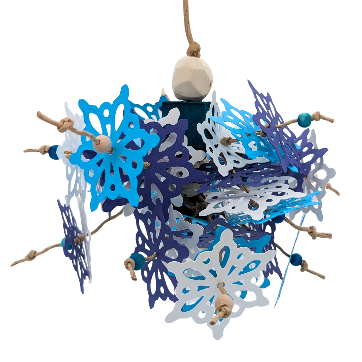 Blizzard Parrot toy by Lil Monsters Bird Toys, with cardstock snowflakes, balsa, cork, and sola