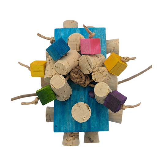 Blockbuster parrot toy by Lil Monsters Bird Toys, with balsa, cork, and wood beads