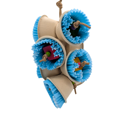 Bluebells bird toy by Lil Monsters Bird Toys, with paper cups, cupcake liners, and balsa