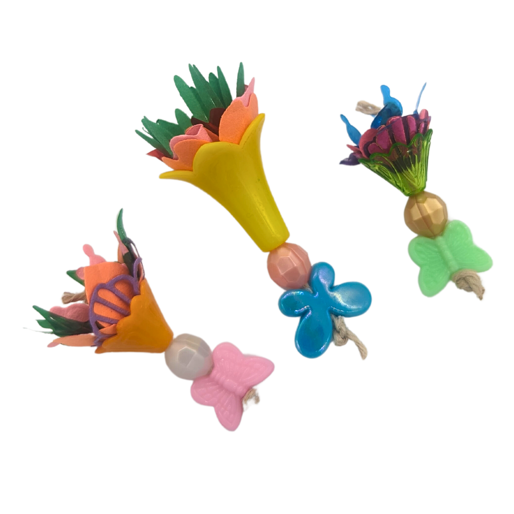 Bouquets 3 Pack bird foot toys, with plastic and paper flowers and butterflies, by Tiny Conure Trinkets