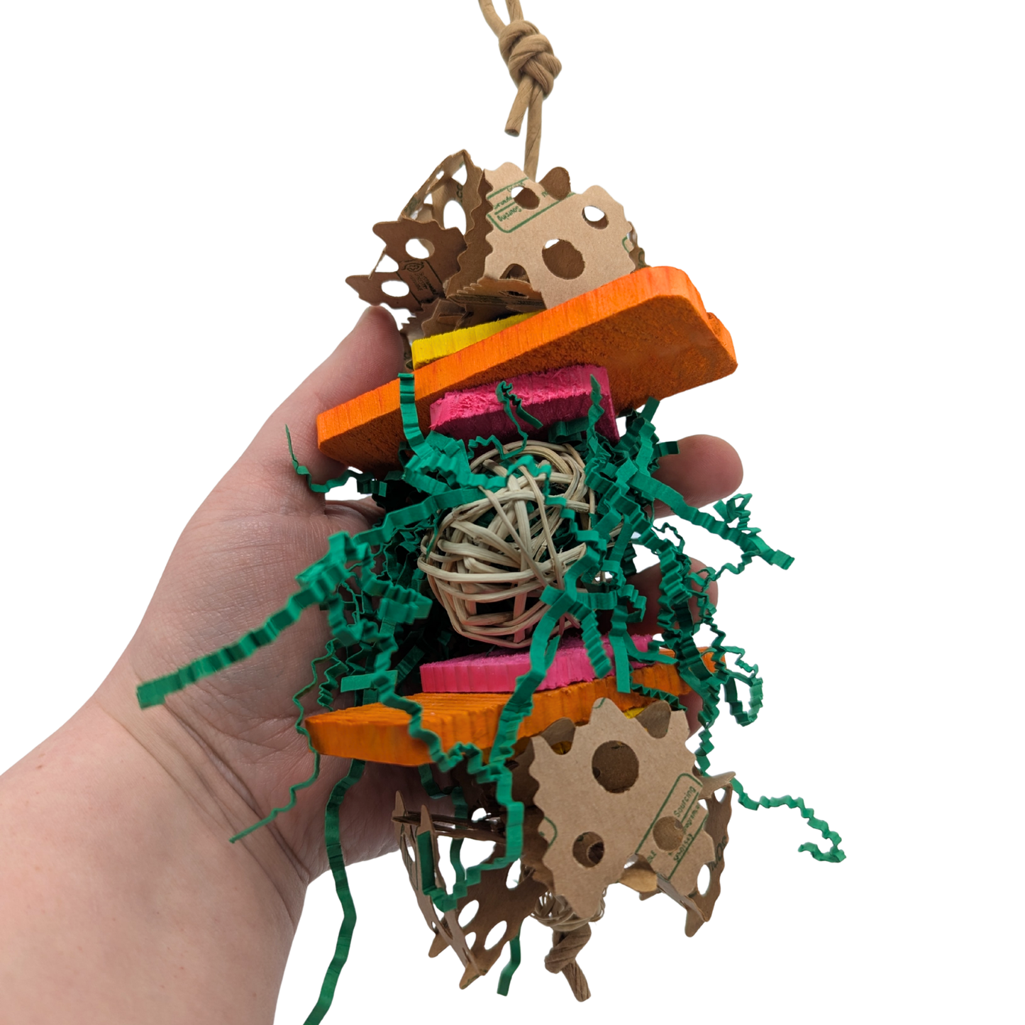 Bramble by Lil Monsters Bird Toys, shown held in hand for scale. 