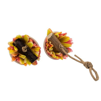 Brazier by Lil Monsters Bird Toys. Top down, Side by side look of both hanging and foot toy options