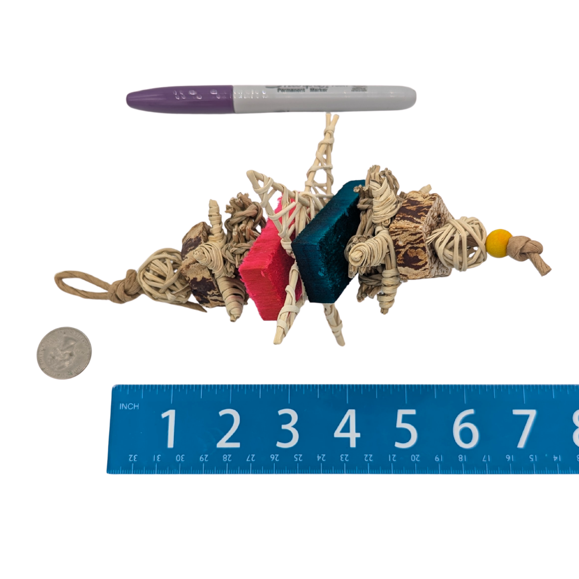 Briar by Lil Monsters Bird Toys. Next to ruler, US quarter, and sharpie marker for scale. 