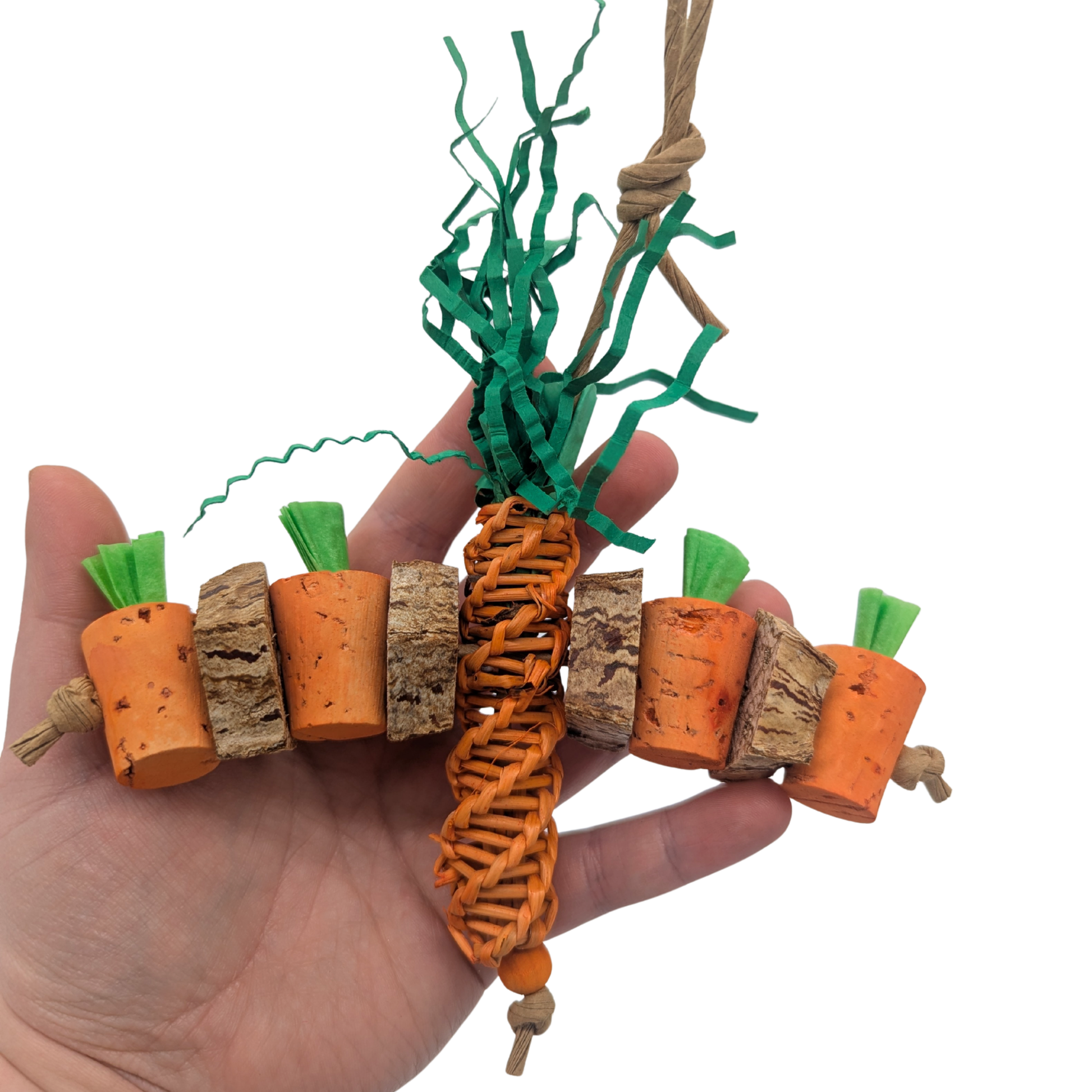 Carrot Patch by Lil Monsters Bird Toys.  Held in hand for scale. 
