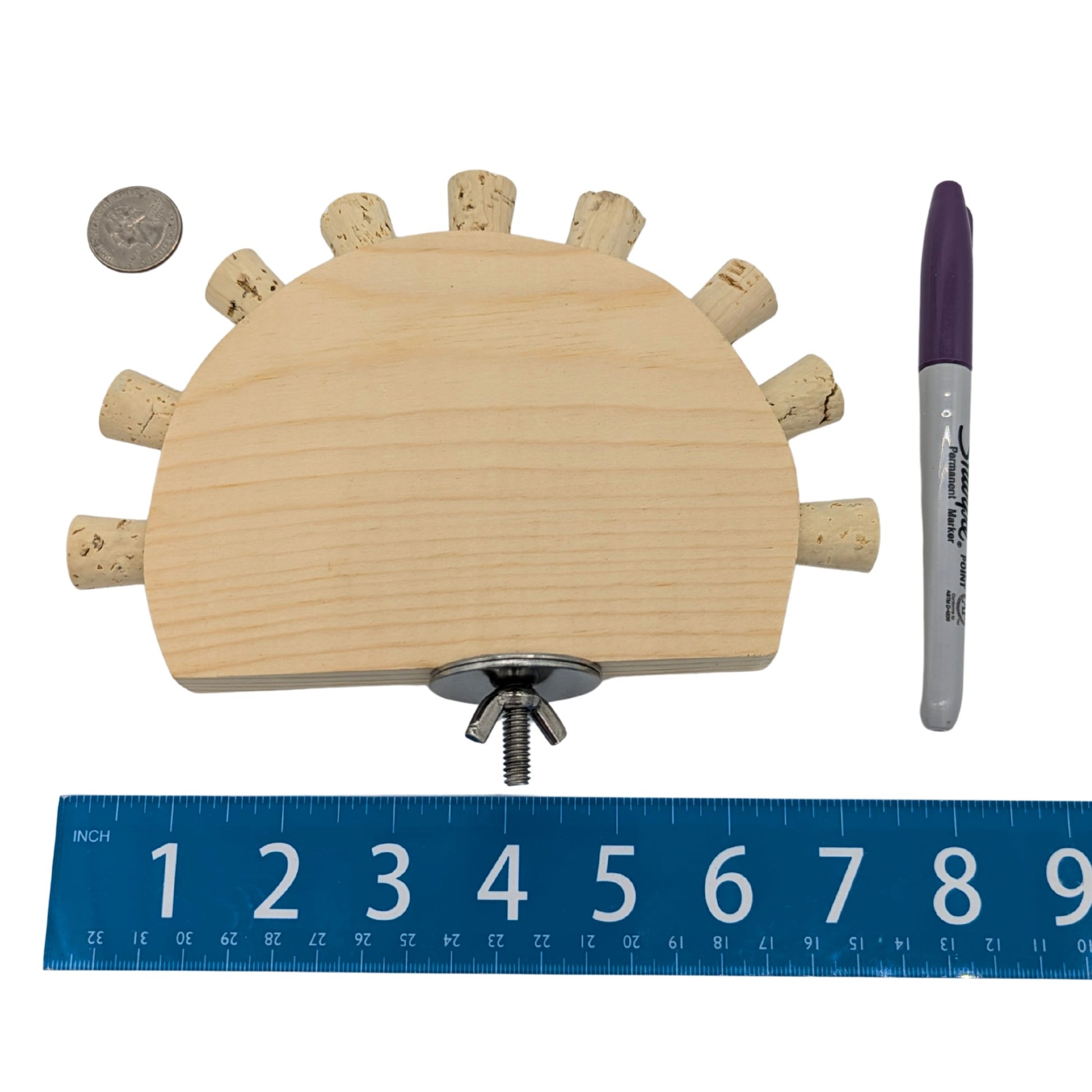 Cork Nook by Lil Monsters Bird Toys. Next to a ruler, US quarter, and sharpie for scale. 