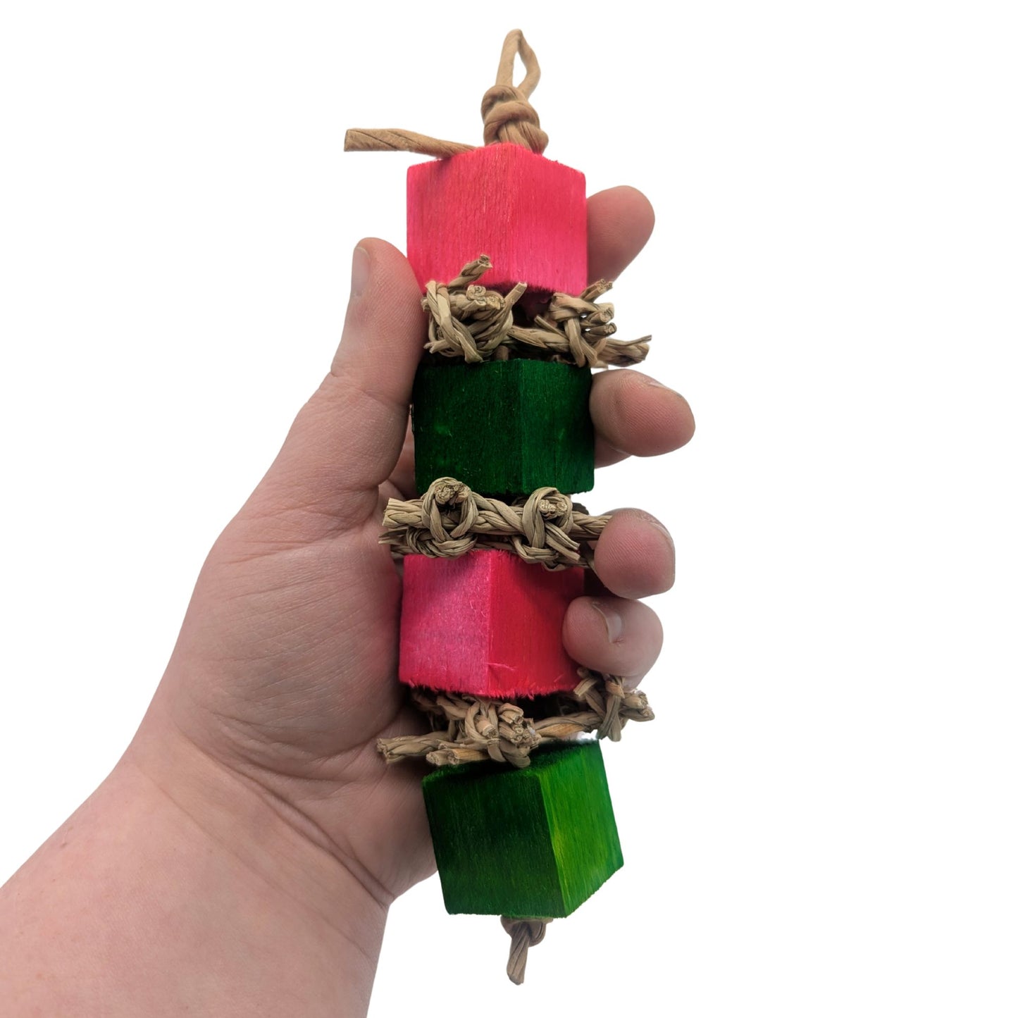 Crunchy by Lil Monsters Bird Toys.  Held in hand to show scale. 