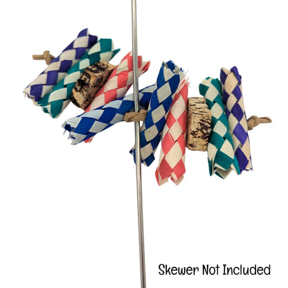 Digit by Lil Monsters Bird Toys. Shown on a skewer as a demonstration. Text overlay says "Skewer Not Included."