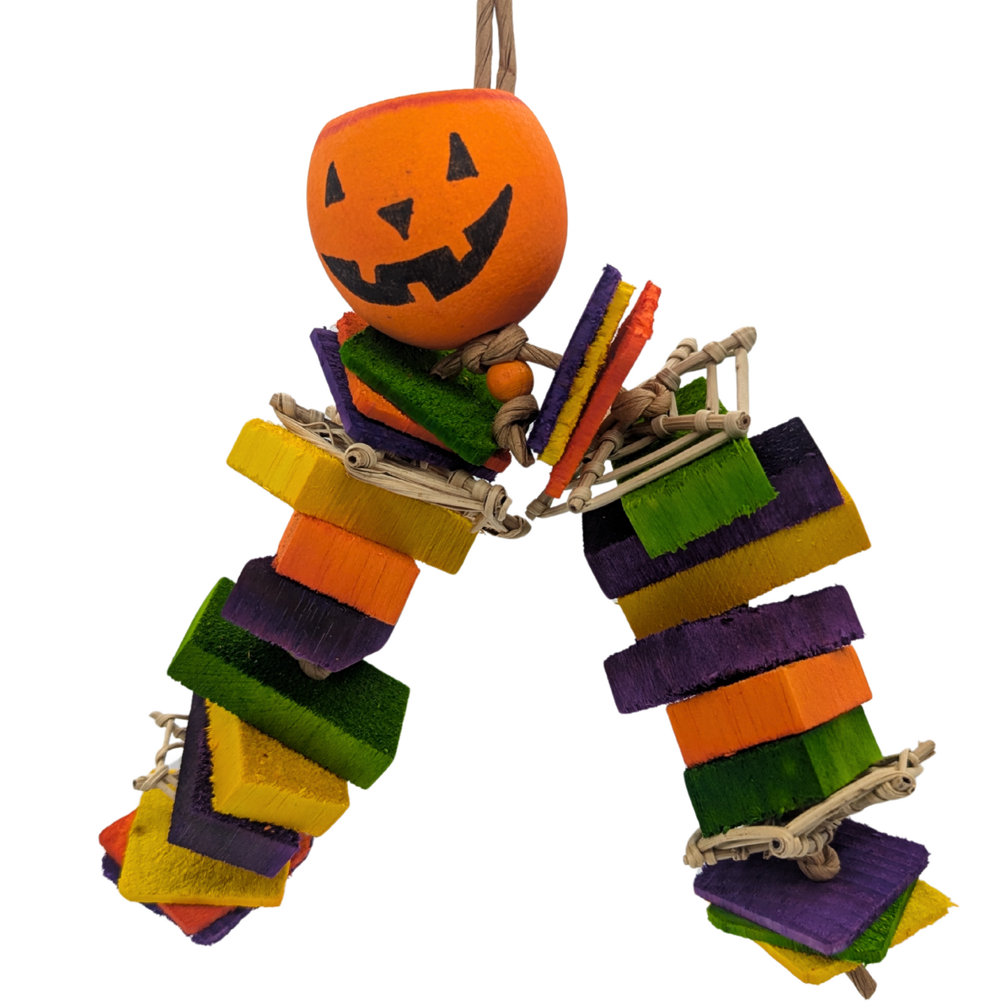 Ichabod Halloween parrot toy by Lil Monsters Bird Toys, with balsa, thin pine, vine, and foraging