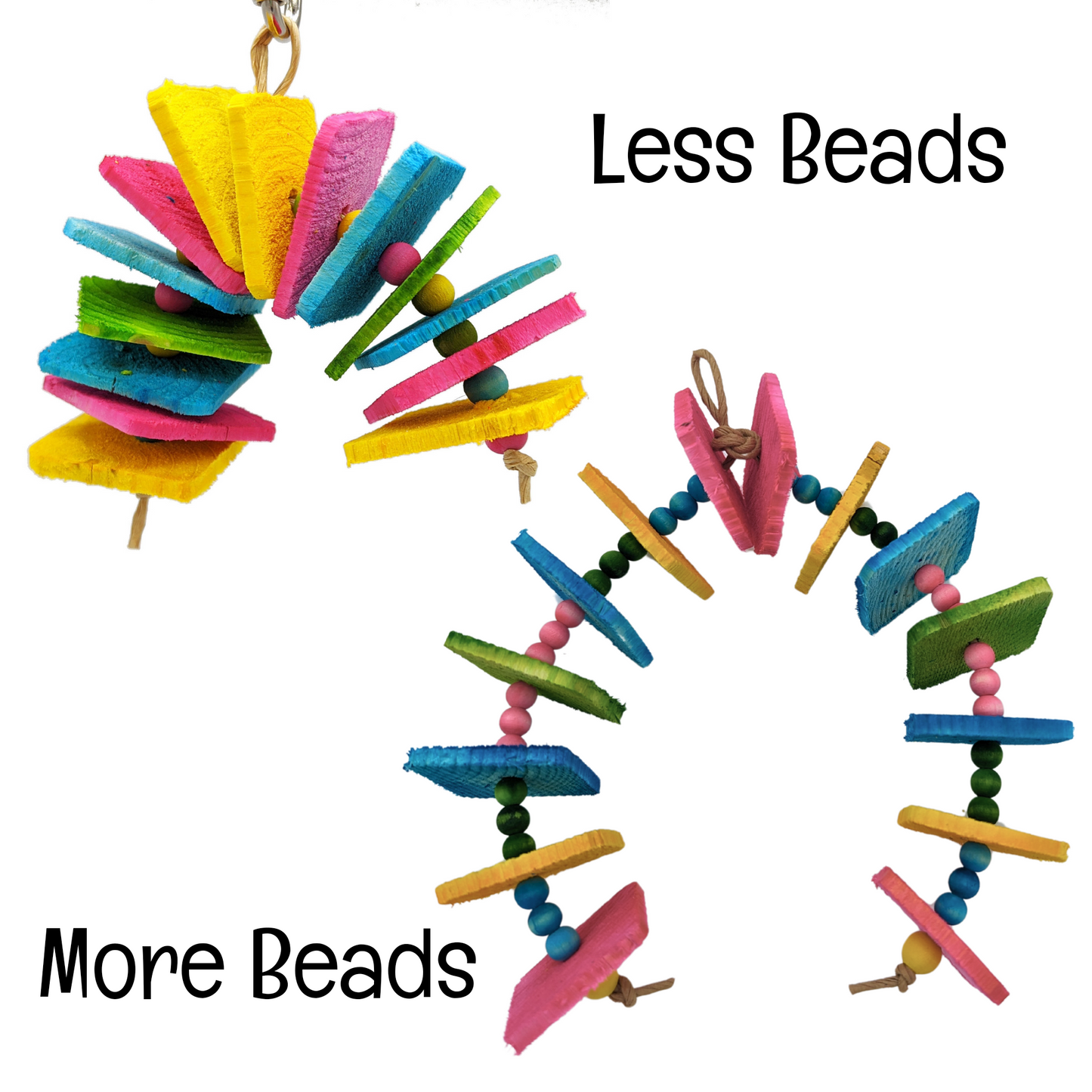 Itty Bitty Chippy by Lil Monsters Bird Toys. A simple, small parrot toy with super thin pine and beads, shown here with both options of "more beads" and "less beads".