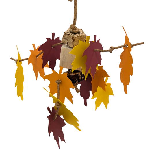 Mini Foliage parrot toy by Lil Monsters Bird Toys, with cardstock leaves, balsa, and mahogany pods