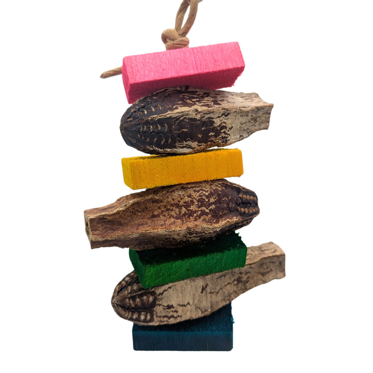 Mocha by Lil Monsters Bird Toys. Made with mahogany pods and balsa slats. 