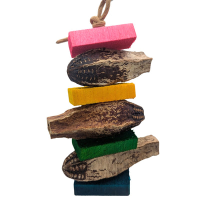 Mocha by Lil Monsters Bird Toys. Made with mahogany pods and balsa slats. 