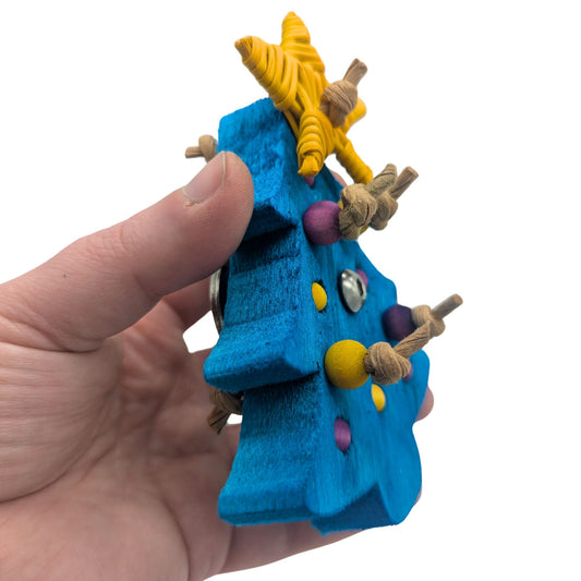 O Christmas Tree (Plastic Free) by Lil Monsters Bird Toys. Three quarter view to show detail, and in the color light blue to demonstrate variation. 