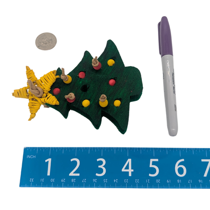 O Christmas Tree (Plastic Free) by Lil Monsters Bird Toys, next to a sharpie, ruler, and US quarter for scale