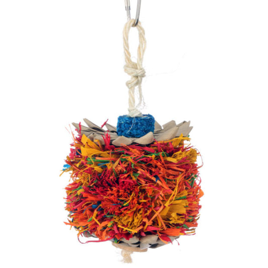 Palm Puff parrot toy by Super Bird Creations, with raffia, palm, and corn cob