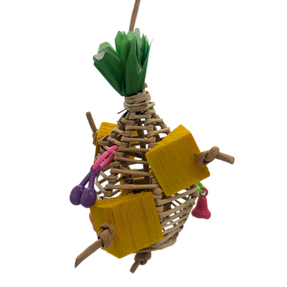 Pina Colada summer themed parrot toy by Lil Monsters Bird Toys, with vine, balsa, and plastic charms