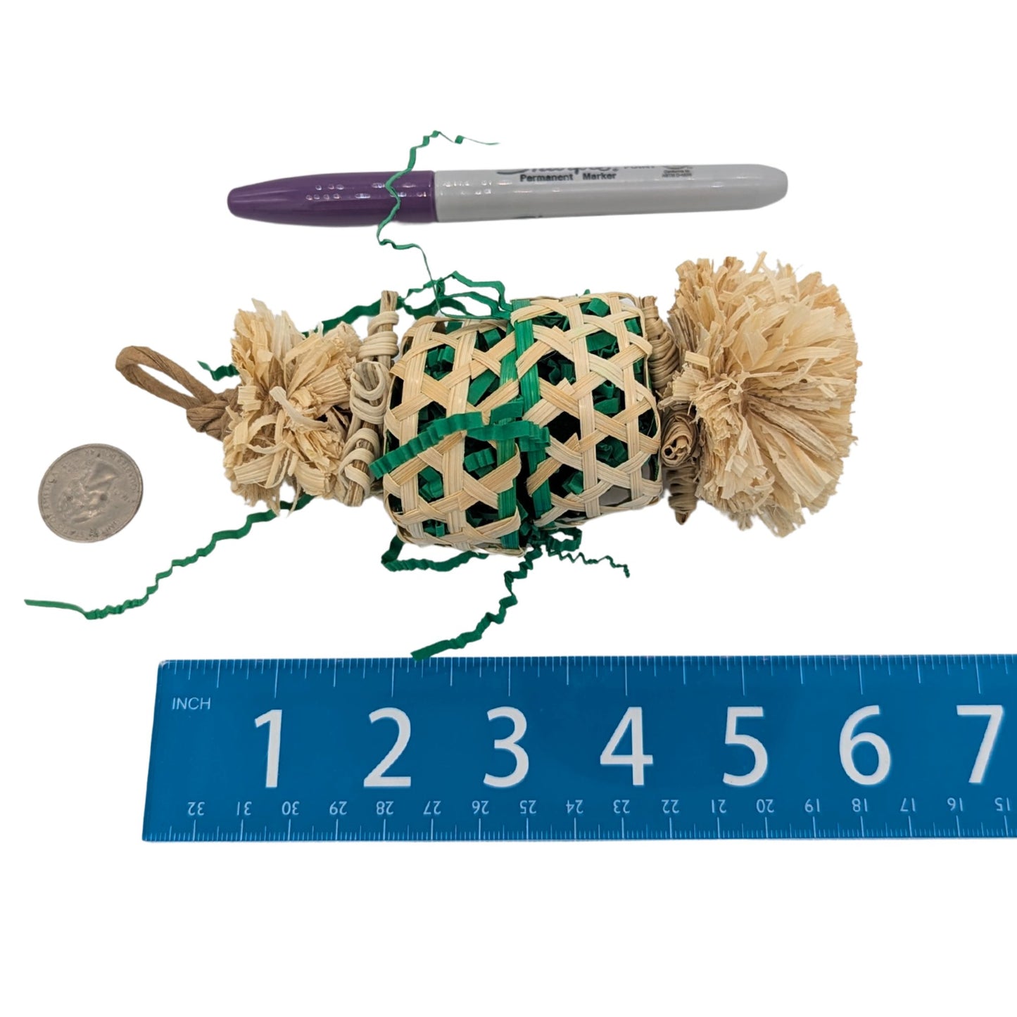 Pinata by Lil Monsters Bird Toys. Shown next to a US quarter, ruler, and sharpie marker for scale. 