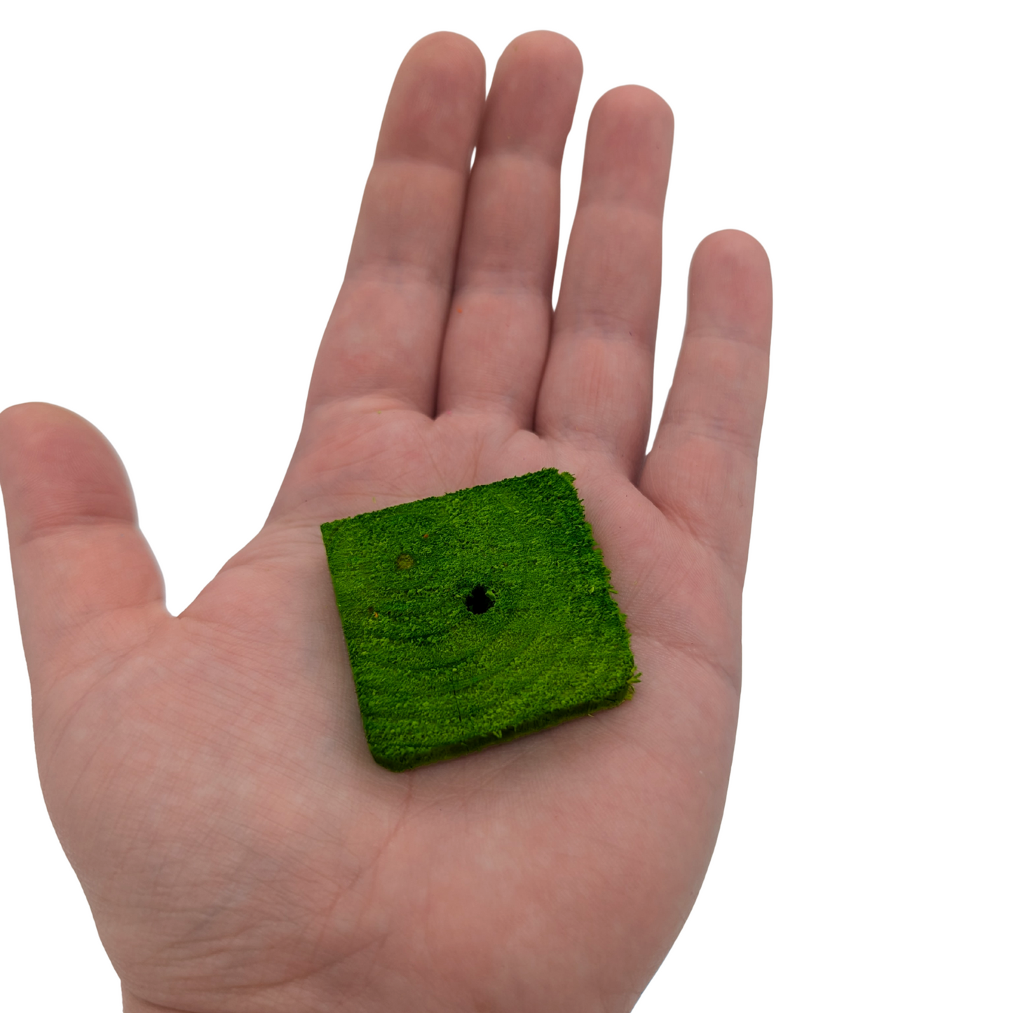 Quarter inch pine slices bird toy by Lil Monsters Bird Toys, one held in hand for scale