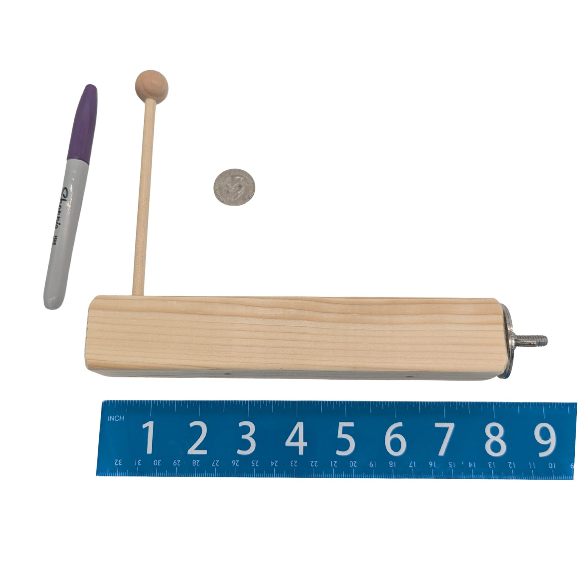 Skewer Perch by Lil Monsters Bird Toys.  Shown next to a ruler, sharpie marker, and US quarter for scale. 