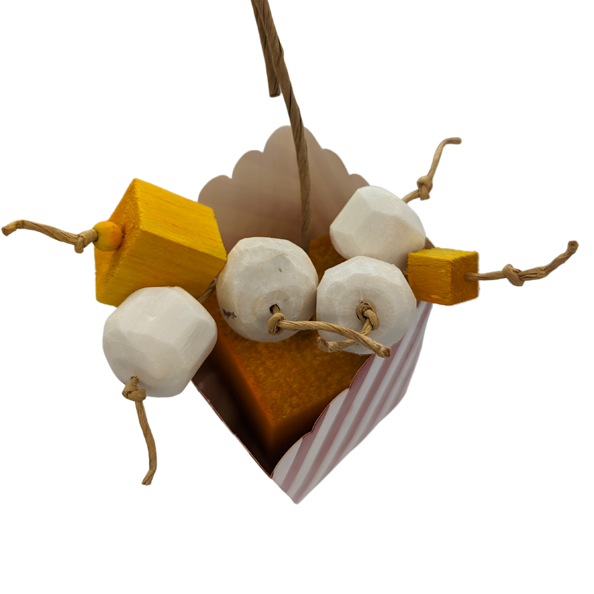Snack Attack popcorn themed parrot toy by Lil Monsters Bird Toys, detail to show the inside of the toy