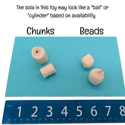 Sola chunks and beads size comparison shown on ruler. Sola shape may vary between ball or cylinder based on availability.