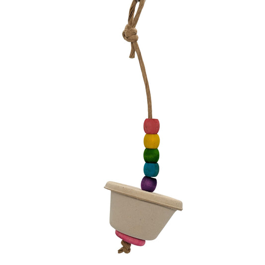 Souffle by Lil Monsters Bird Toys. Made with wooden beads and a wheatgrass souffle cup. 