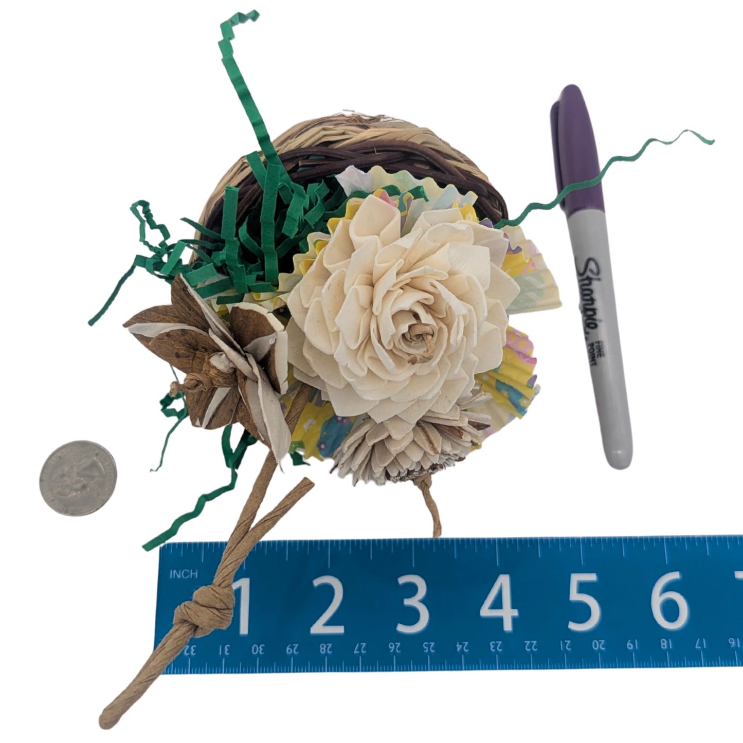 Spring Bouquet by Lil Monsters Bird Toys. Top view shown next to a US quarter, Sharpie marker, and rule for scale. 