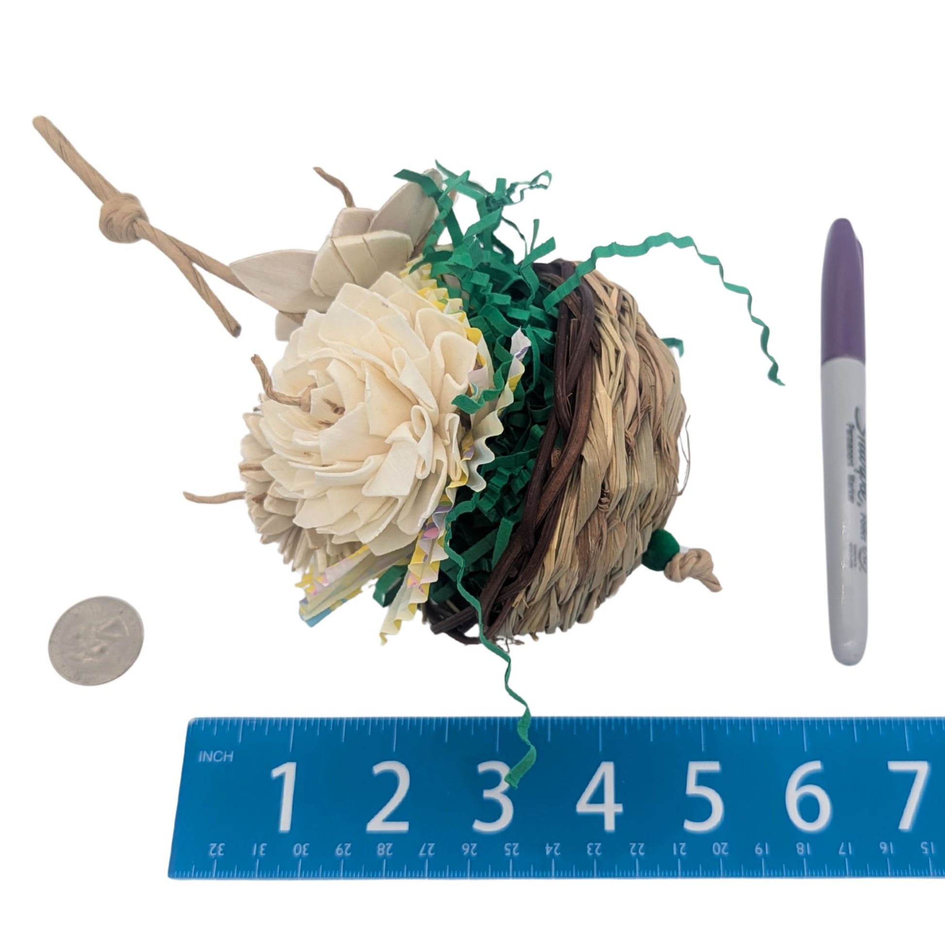 Spring Bouquet by Lil Monsters Bird Toys. Profile view shown next to a US quarter, Sharpie marker, and rule for scale. 