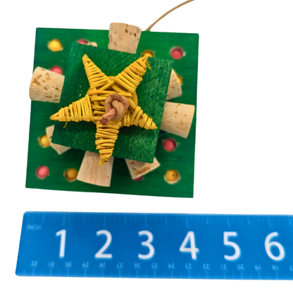Spruced Up Christmas themed bird toy by Lil Monsters Bird Toys, top down view next to ruler for scale