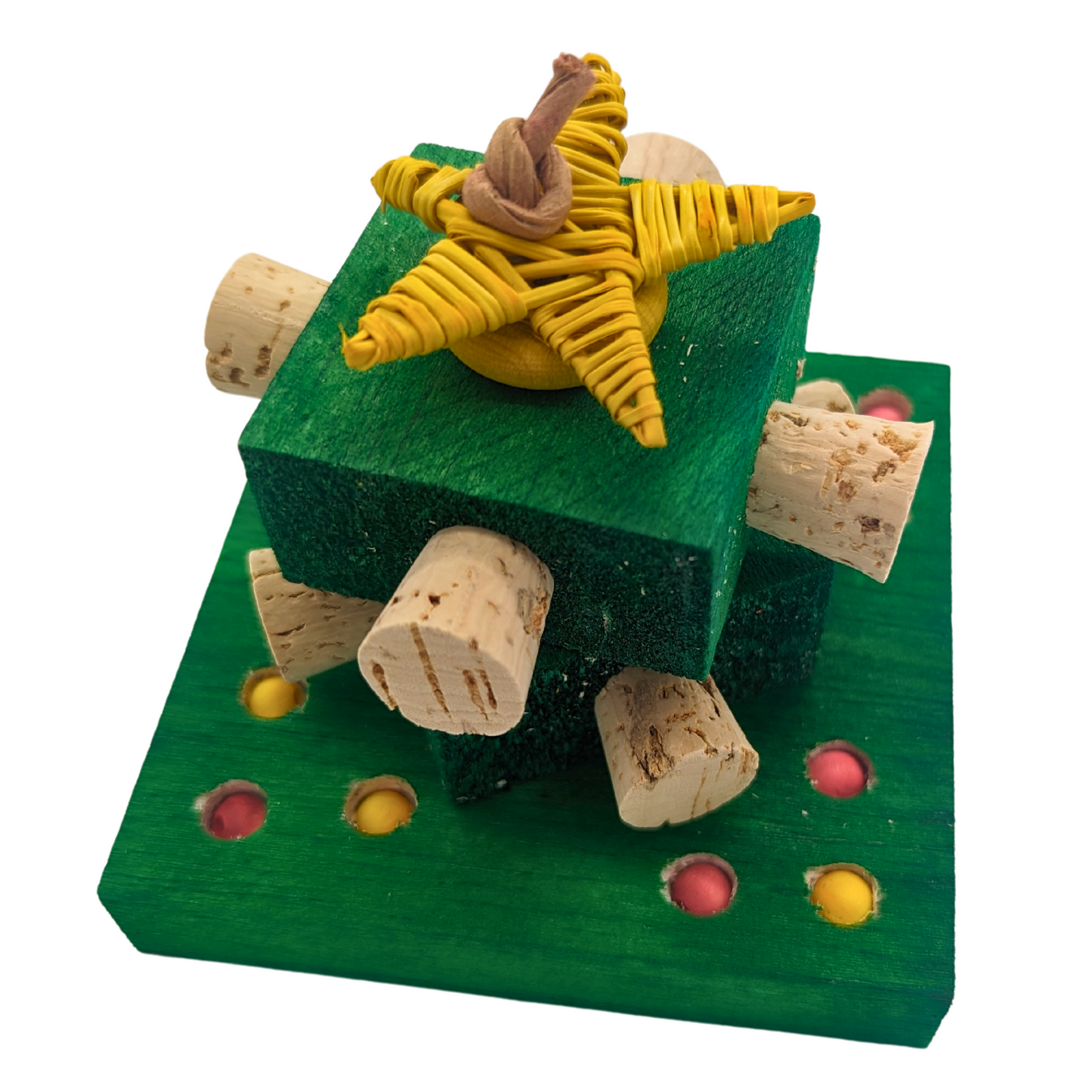 Spruced Up Christmas themed bird toy by Lil Monsters Bird Toys, with balsa, cork, wood beads, and vine