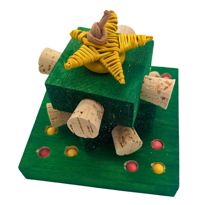 Spruced Up Christmas themed bird toy by Lil Monsters Bird Toys, with balsa, cork, wood beads, and vine