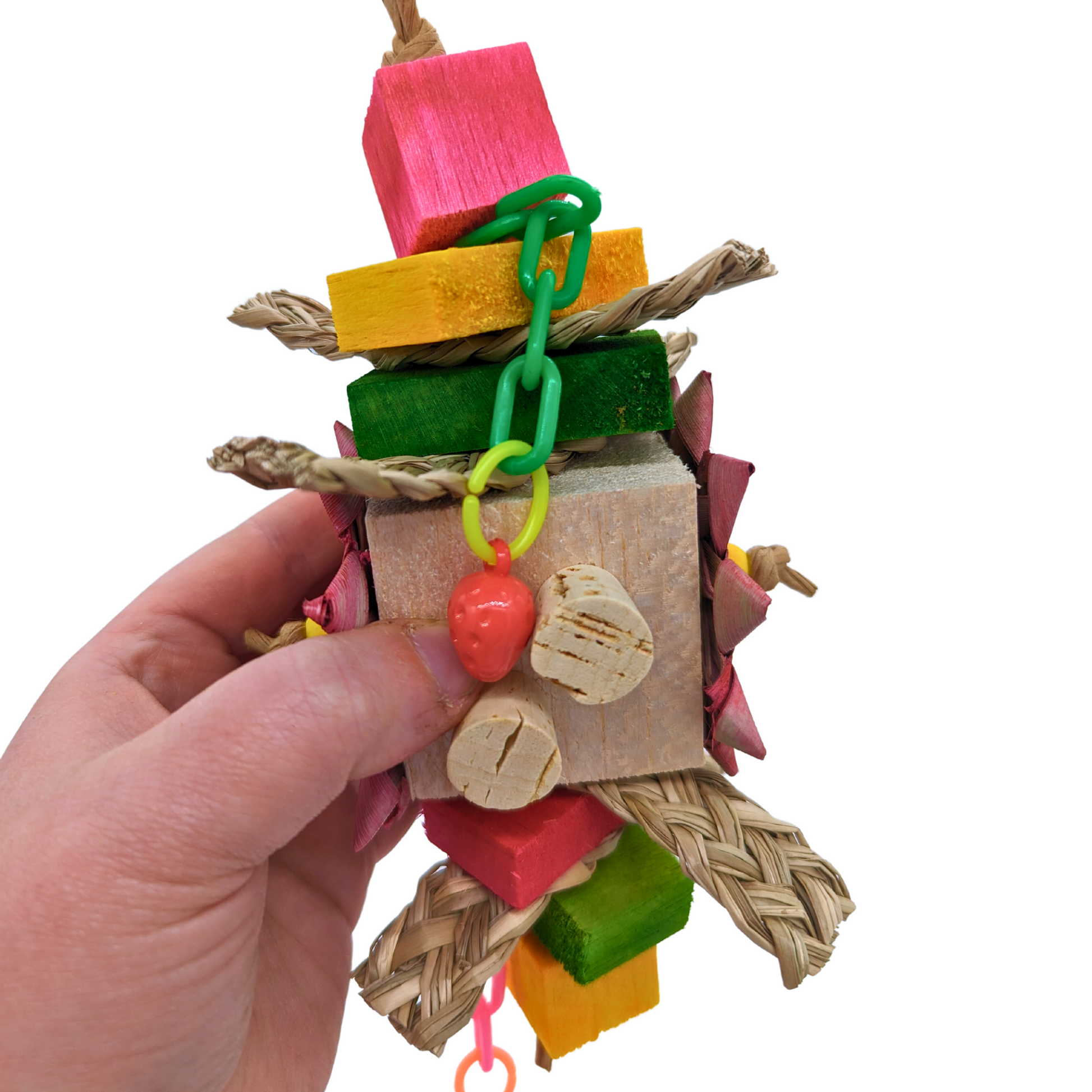 Summer Vibes summer themed parrot toy by Lil Monsters Bird Toys, in hand, to show plastic charm and layer details