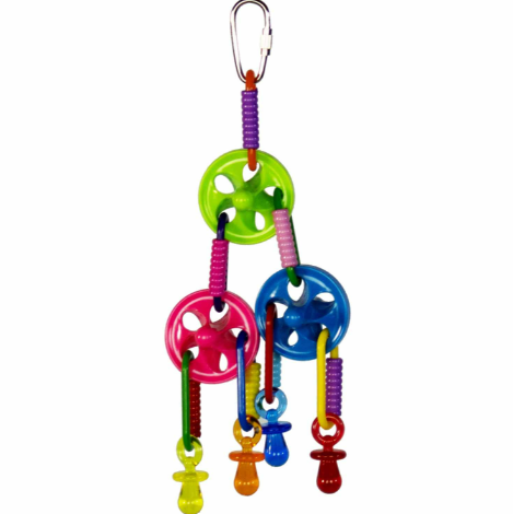 Top This bird toy by Super Bird Creations, with plastic tops, links, and charms