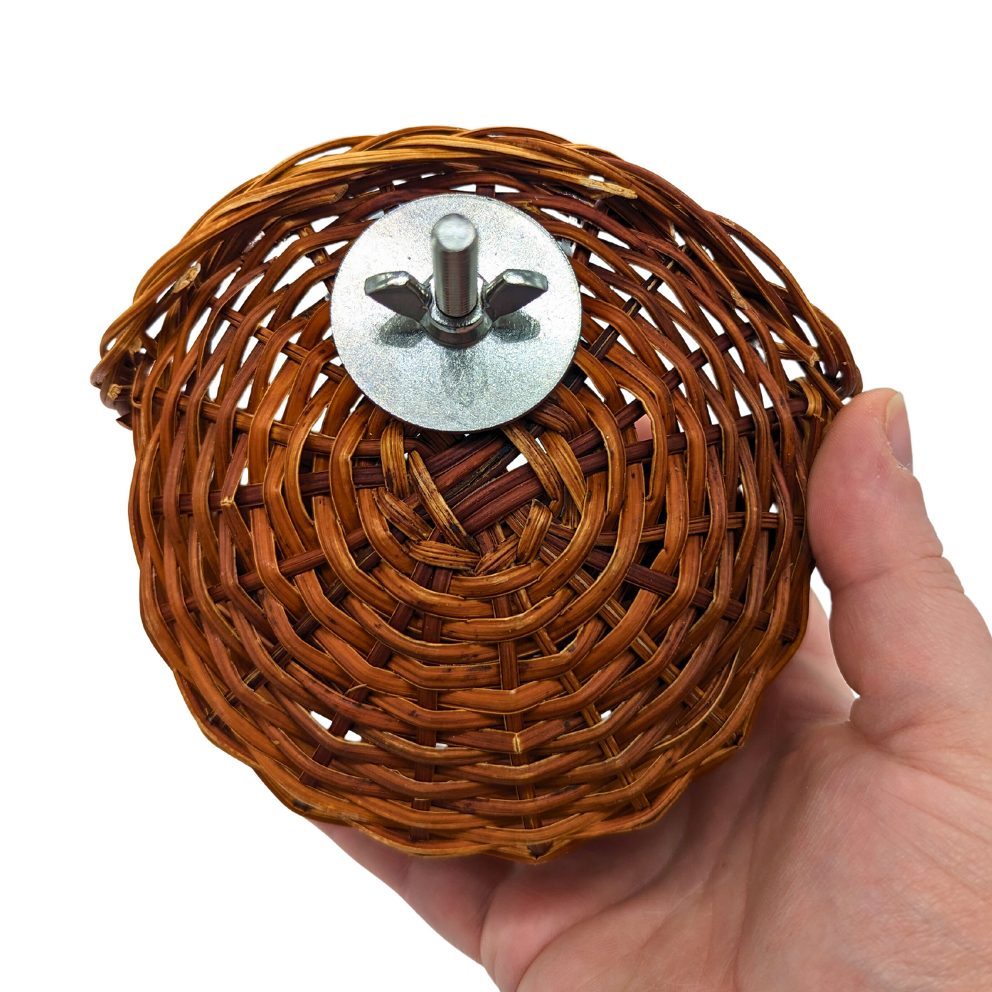 Toy Basket for foot toys by Lil Monsters Bird Toys, backside view to show stainless steel hardware